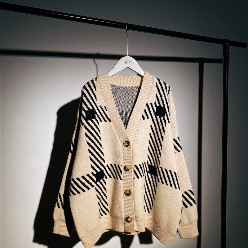 Retro Karierter Pullover Cardigan Unisex Jacke