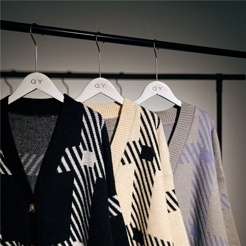 Retro Plaid Sweater Cardigan Unisex Jacket