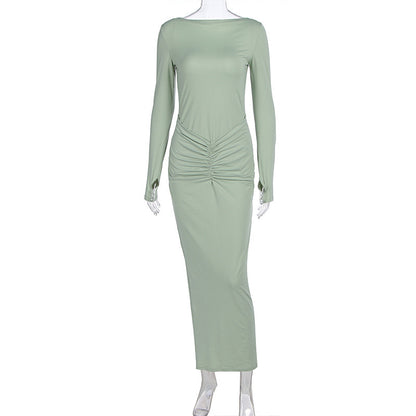 Slim-fit Pleated Solid Color Round-neck Long-sleeved Dress