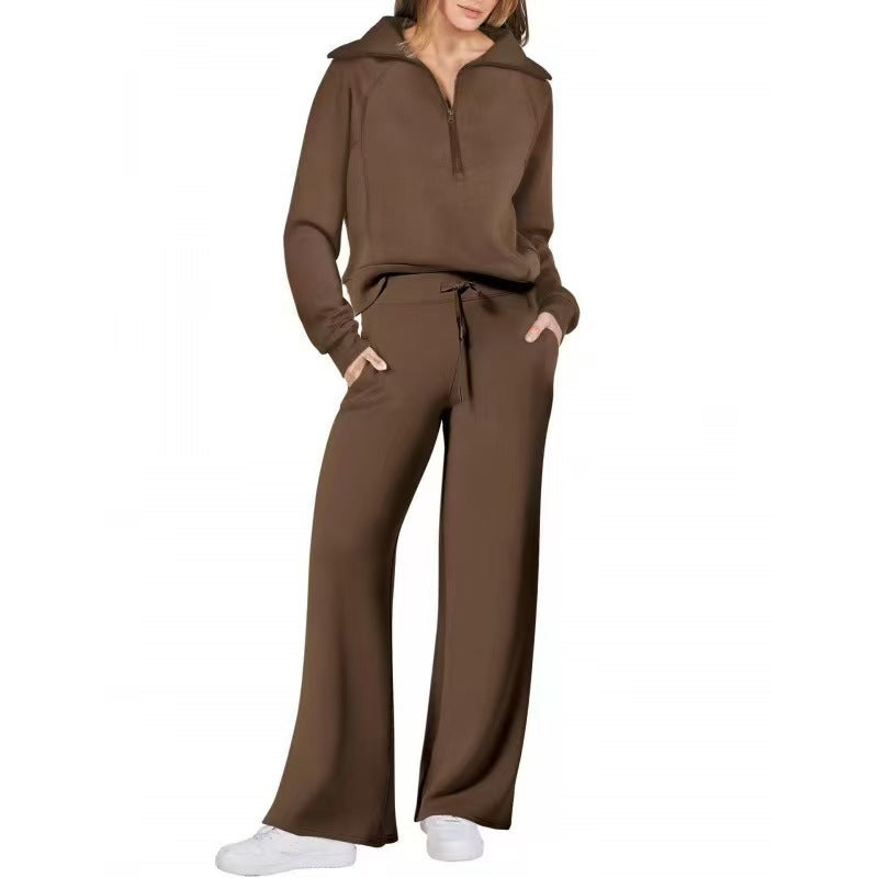 Oversized Half Zip Sweatshirt Wide Leg Track Pants Casual Suit Women
