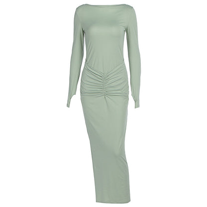 Slim-fit Pleated Solid Color Round-neck Long-sleeved Dress