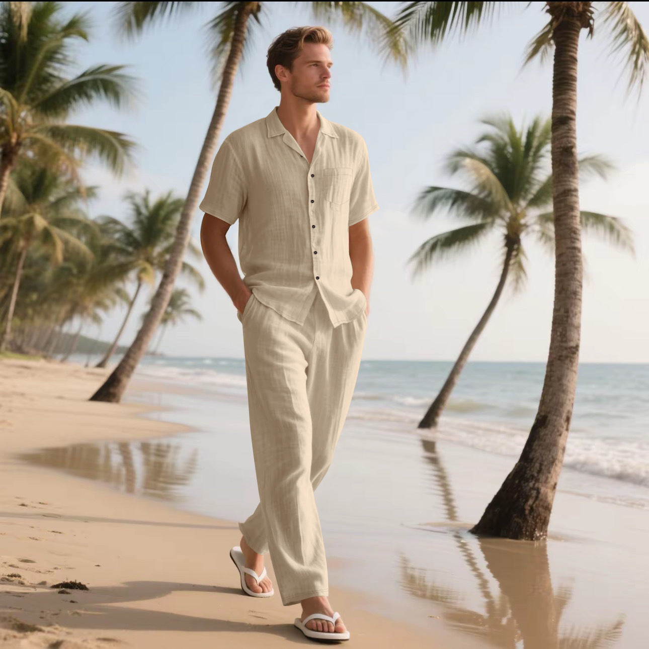 Casual And Comfortable Button Polo Short Sleeve Trousers Beach Suit