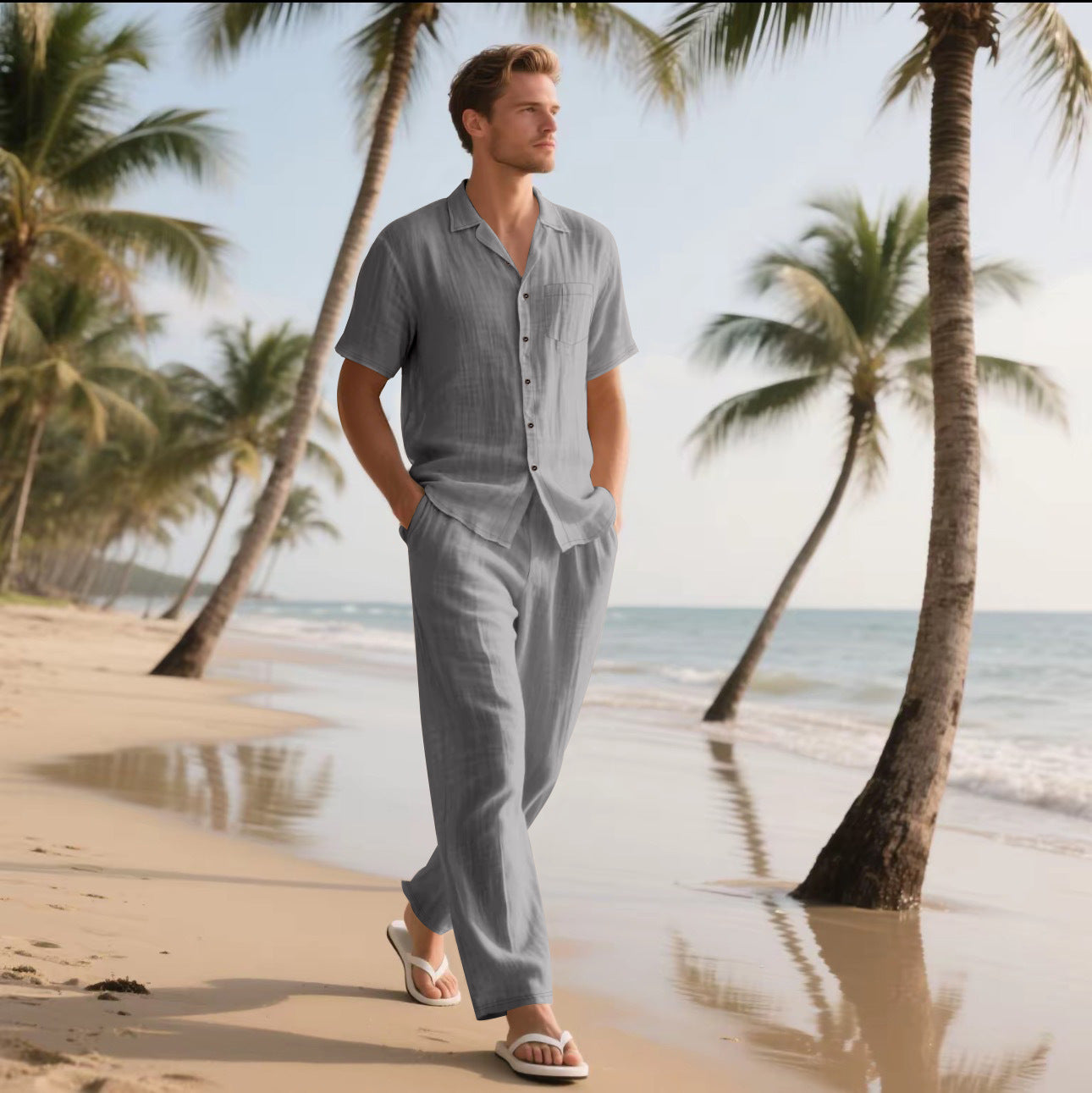 Casual And Comfortable Button Polo Short Sleeve Trousers Beach Suit