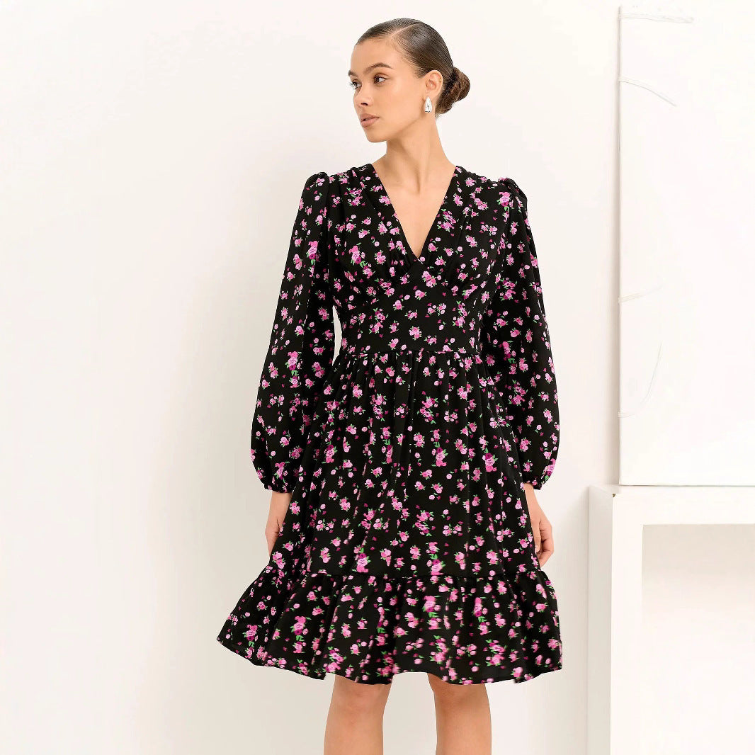 Printed Crimp V-neck Long Dress Women